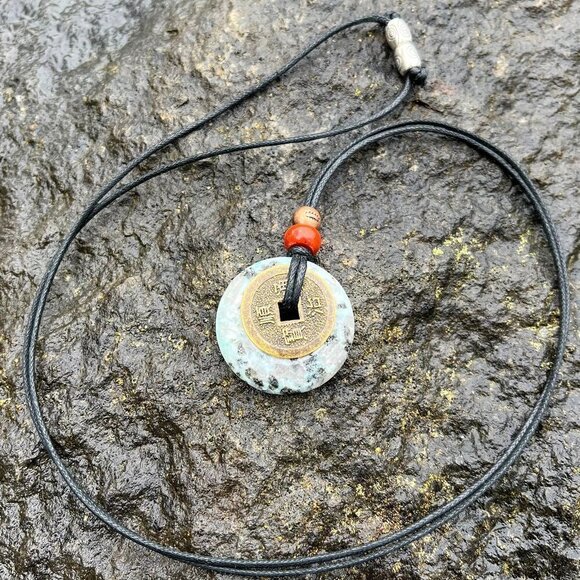 Kiwi Jasper Crystal Gemstone Necklace with Lucky Coin Handmade - Picture 6 of 6